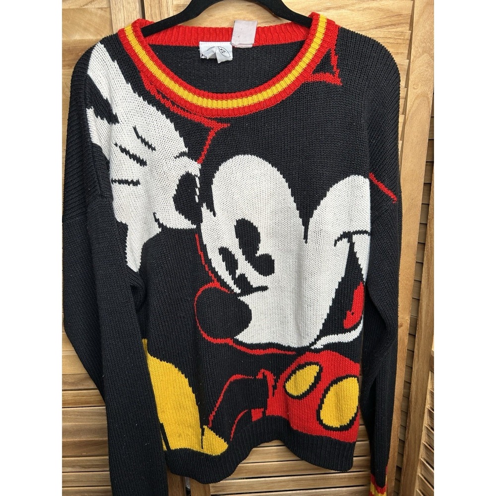 Vtg  Mickey & Co Sweater 1991 Oversizes Black All Over Print Cartoon Ribbed XL